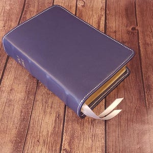 Blue cowhide leather ESV Study Bible with silver perimeter stitch and two silver ribbons