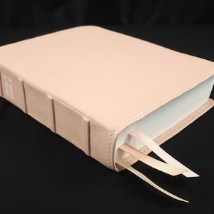 Dusty pink sheepskin leather CSB She Reads Truth Bible with ivory stitching and three ribbons