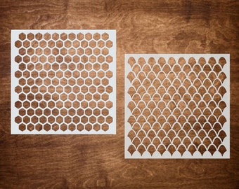 HONEYCOMB & FISH SCALE pattern stencil (7"x7"), animal print stencil, animal pattern stencil, Reusable stencil for signs, Fabric Stencil