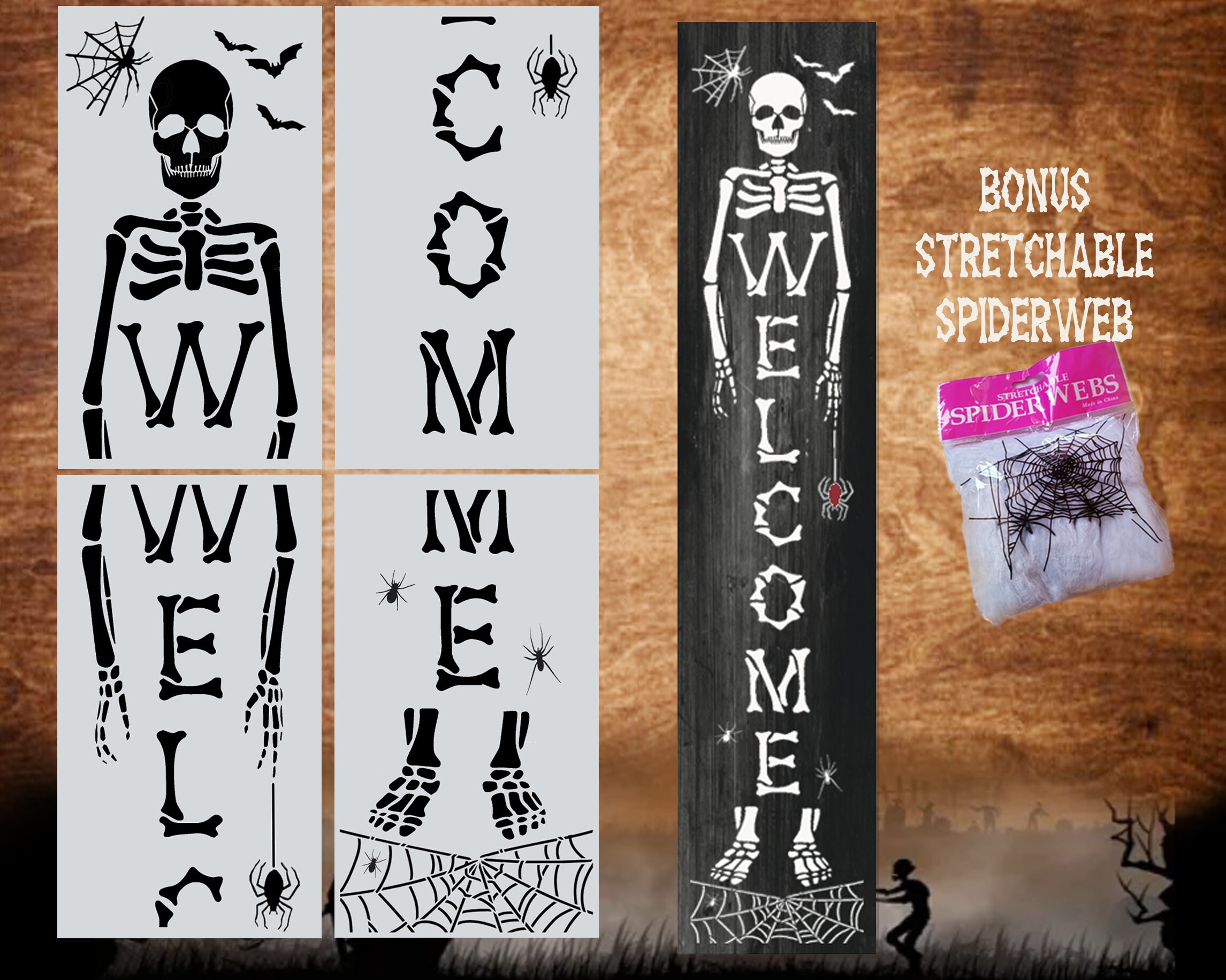 Skeleton Welcome Stencil with Spider Webs - Halloween Stencil - Porch…