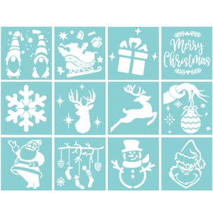 May include: A set of 12 Christmas stencils featuring various holiday designs, including a snowman, reindeer, Santa Claus, a snowflake, a Christmas tree, and a gift box. The stencils are white and are on a light blue background.
