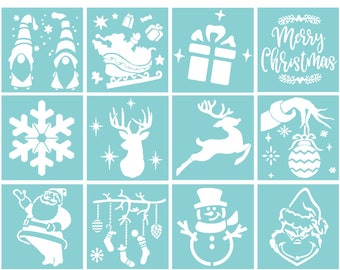 Christmas Adhesive Stencils - Reusable DIY Silk Screen Stencil - 12, 3x3 inch designs for Christmas Crafts, Ornaments (1 sheet, 8.5x11)