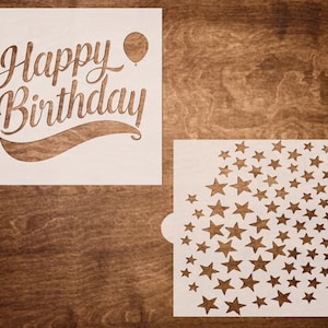 Cookie Reusable Stencils - Happy Birthday Stencil, Stars Stencil .(2 pack -Stencils only - 6&quot;x6&quot;)