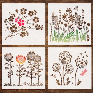 4 Flower Stencils, Reusable Wildflower Stencils, Cherry Blossom, Sunflower, Dandelion Stencil - DIY Craft Stencils