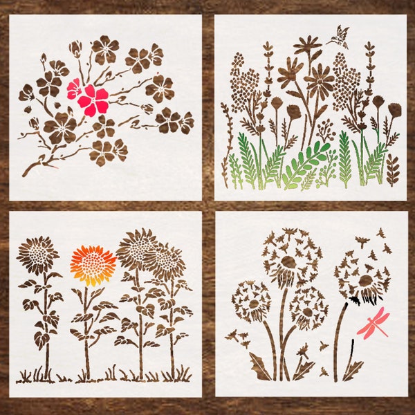 4 Flower Stencils, Reusable Wildflower Stencils, Cherry Blossom, Sunflower, Dandelion Stencil - DIY Craft Stencils