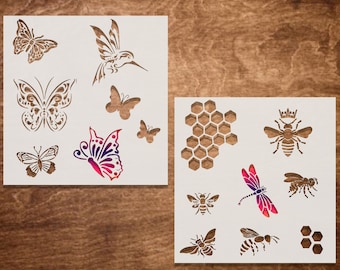 Bees, Honeycomb, and Butterfly Stencil for Painting, DIY Craft Stencils, Reusable Stencils for Wood Signs, Canvas  (7"x7")