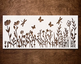 Flower Stencil, Reusable Stencils for Painting, Crafts - Floral Stencil - Wildflower with Butterflies