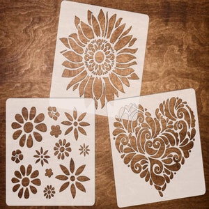 Reusable Stencils - Sunflower, Heart & Flower Stencils for Painting on Wood - DIY Sneakers - DIY BOHO Stencils for Crafts