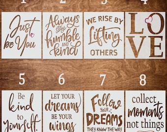 ANY 2 INSPIRATIONAL STENCILS (8"x8"), Reusable Craft Stencils, Painting Stencils for Wood Signs, Dream Love Humble and Kind Stencils + More