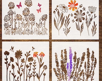 Wildflower Stencils, Lavender and Hydrangeas Stencil for Painting on Wood, Canvas, Furniture - Reusable Crafts Stencils (Set of 4)