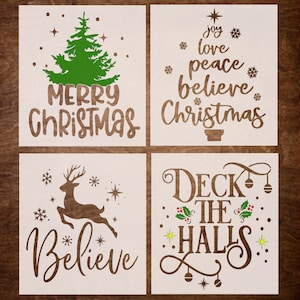 4 Christmas Stencils - Reusable Merry Christmas Stencil for Painting - Believe, Deck the Halls, Christmas Décor, DIY Wood Sign Stencils