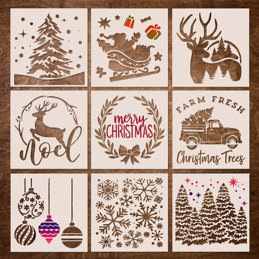 9-set-small-christmas-stencils-5x5-inch-stencil-for-painting-on-wood-fabric-paper-windows-christmas-ornaments-cards-decorations-etsy