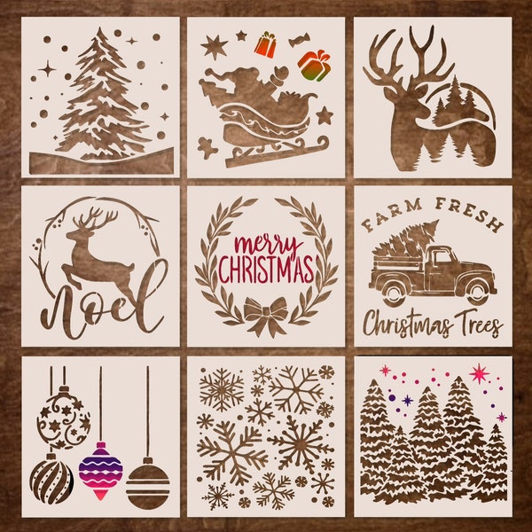 9 Set Small Christmas Stencils, 5x5 Inch Stencil for Painting on Wood, Fabric, Paper, Windows, Christmas Ornaments, Cards, Decorations