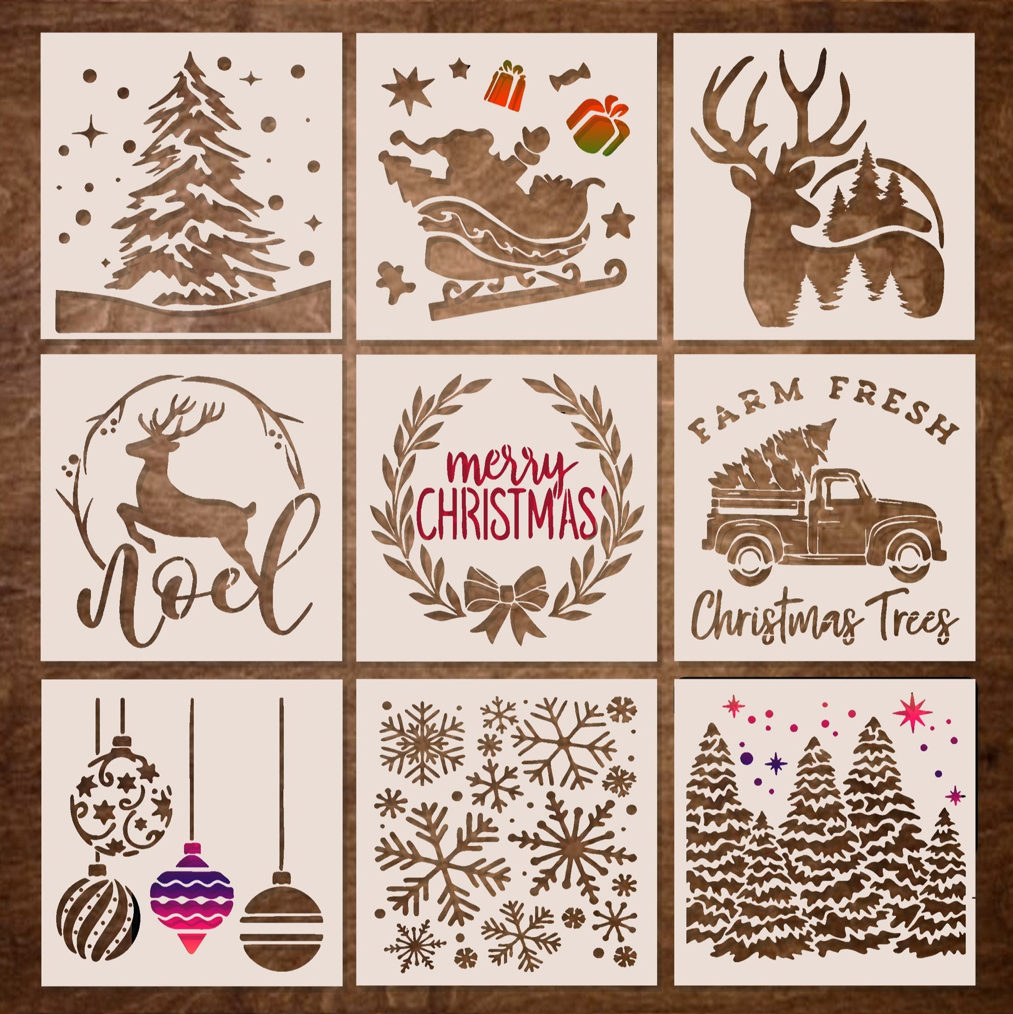 9PCS Large Christmas Stencils for Painting on Wood Wall, Christmas Theme  Pattern Templates for DIY Home Winter Christmas Decorations, Paint Wood