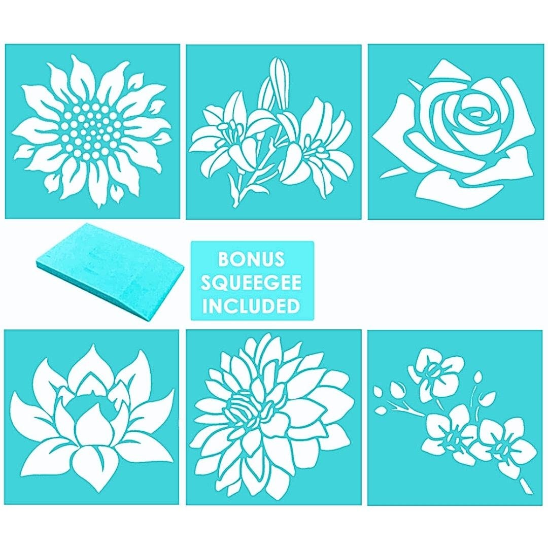 Set of 6 Flower Silk Screen Stencils Reusable DIY Adhesive Stencil