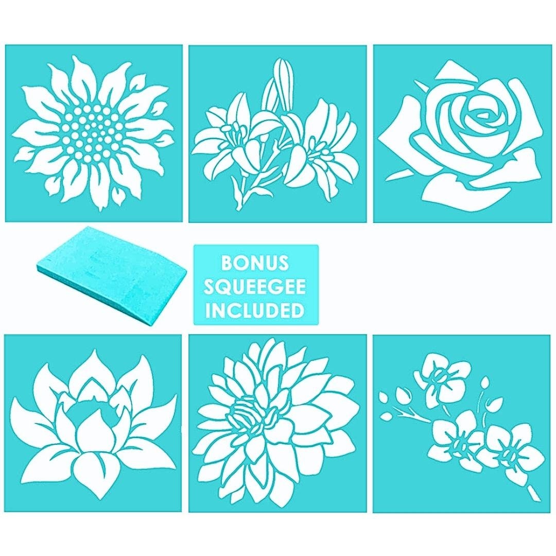 Set of 6 Flower Silk Screen Stencils Reusable DIY Adhesive 