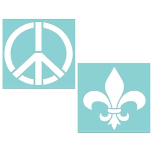 May include: Two stencils, one with a peace sign and the other with a fleur-de-lis, both in white on a light blue background.