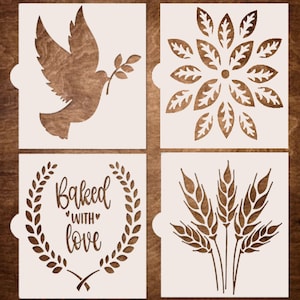 Fresh Bread Reusable Stencils - Sourdough Bread Stencil - 5 Wheat Stencil, Bake with Love. Dove, Mandala (4 pack -Stencils only - 6&quot;x6&quot;)