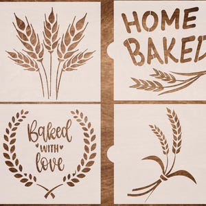 Fresh Bread Reusable Stencils - Sourdough Bread Stencil - 5 Wheat Stencil, Bake with Love. Dove, Mandala (4 pack -Stencils only - 6"x6")
