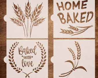 Fresh Bread Reusable Stencils - Sourdough Bread Stencil - 5 Wheat Stencil, Bake with Love. Dove, Mandala (4 pack -Stencils only - 6"x6")