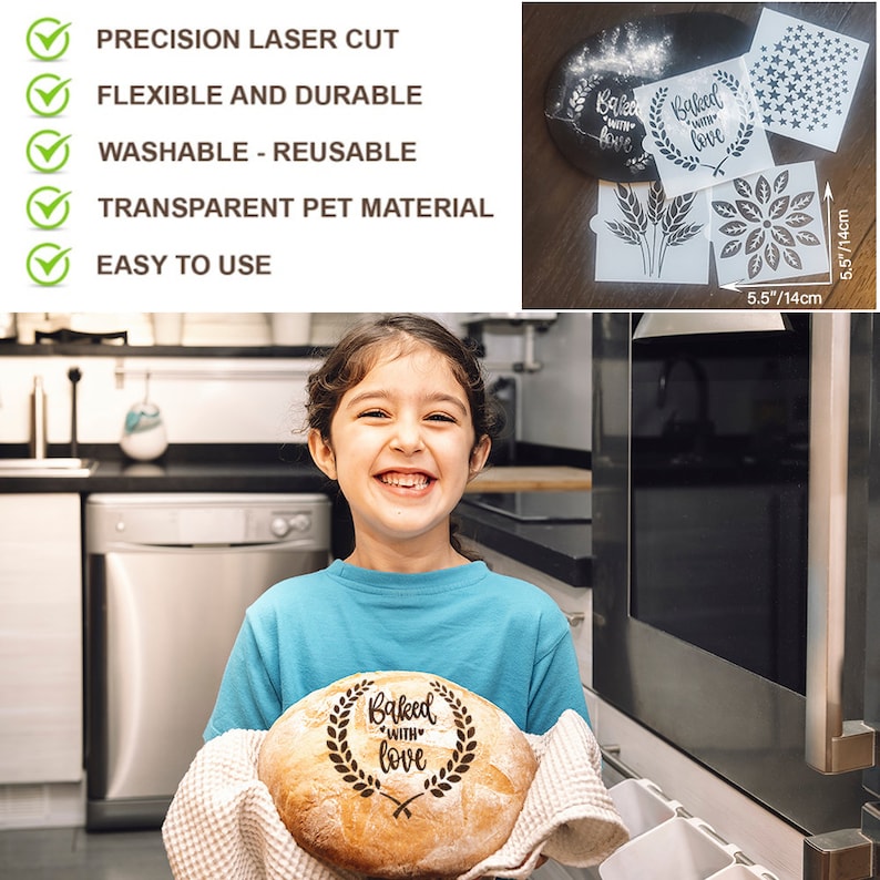 May include: A child holds a loaf of bread with the words "Baked with love" stamped on it. The bread is surrounded by a wreath of leaves. The child is smiling and standing in a kitchen. The image also shows a set of four reusable baking stencils with various designs, including a wreath, wheat stalks, a flower, and stars.