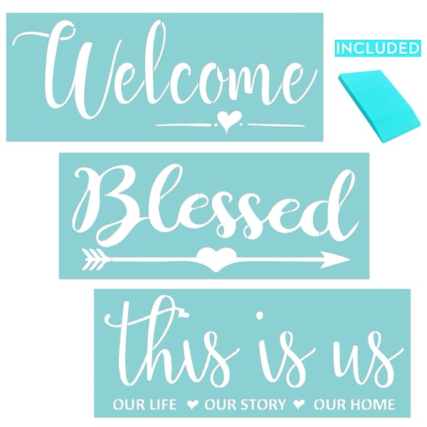 Self Adhesive Stencils Reusable, Welcome, Blessed and This Is Us Stencil for Signs. DIY Silk Screen Stencils for Painting, Crafting