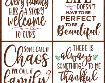 4 FAMILY INPIRATIONAL STENCILS (8"x8"), Reusable Craft Stencils, Painting Stencils for Wood Signs, Family, Thankful, Welcome and More