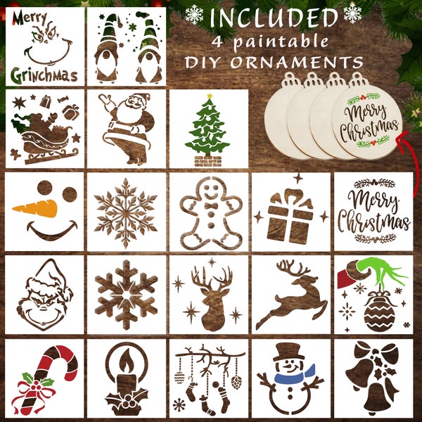 20 Small Christmas Stencils and Templates for Painting - Wood Signs, Fabric, Paper, Reusable Stencils for Crafting, Ornaments, Cards (3"x3")