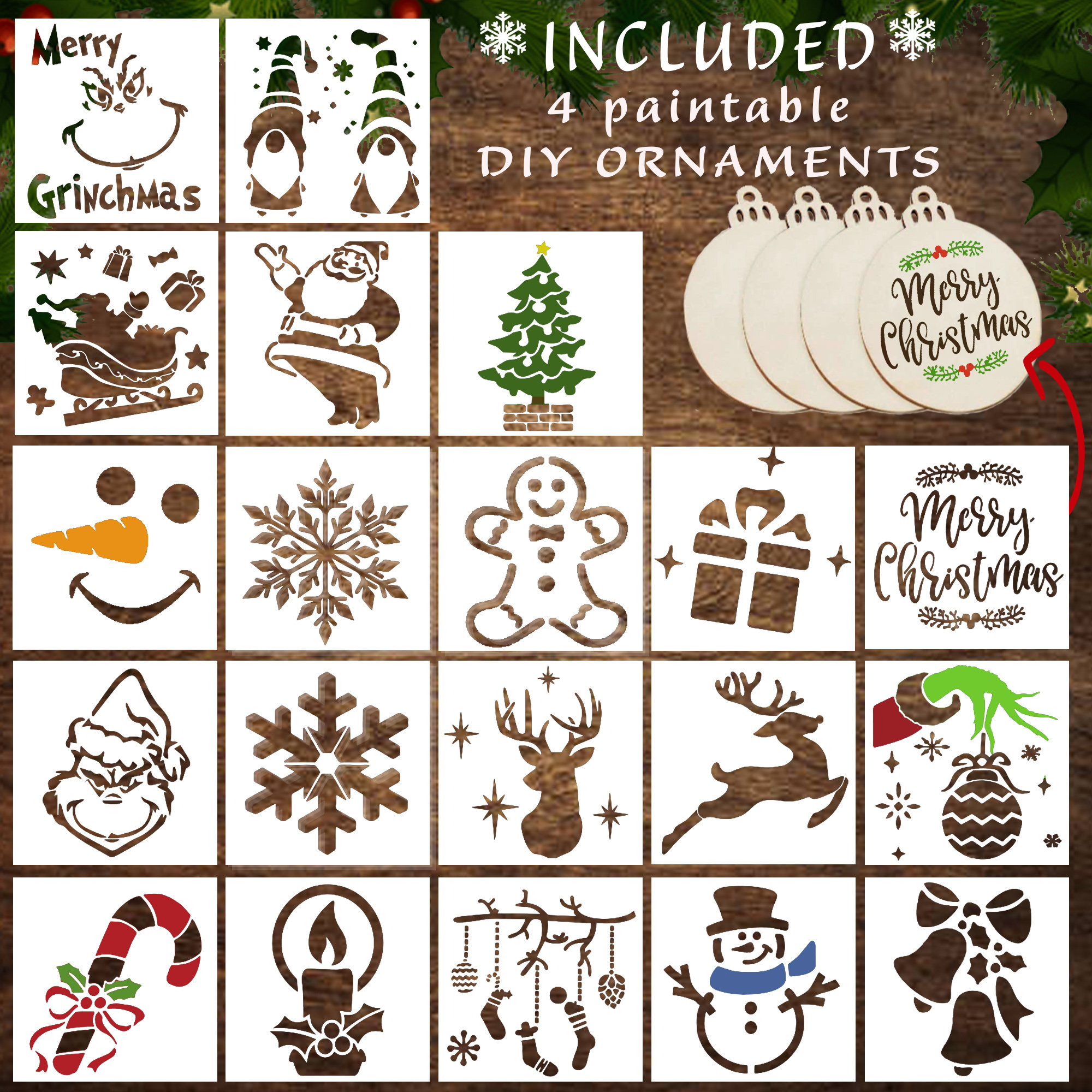 60 Pcs Christmas Stencils for Painting on Wood 3x3 Inch Small Ornament  Reusable Holiday Xmas Drawing Stencil Templates for Wood Slice DIY Crafts  Card