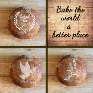 May include: Four round loaves of bread with different designs on top. The designs are "Baked with love" in a wreath, a dove with an olive branch, wheat stalks, and a blank loaf. The loaves are on a wooden surface. The text "Bake the world a better place" is on a wooden background.