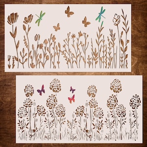 2 Flower Stencils, DIY Wildflower Craft Stencils for Painting on Wood, Hydrangea Stencil (14.75"X6")