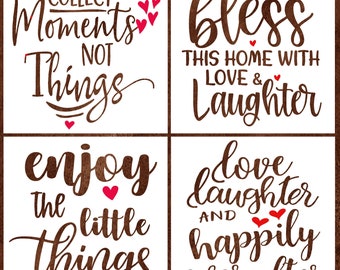 4 INSPIRATIONAL STENCILS (8"x8"), Reusable Craft Stencils, Family Painting Stencils for Wood Signs, Bless Stencil and More