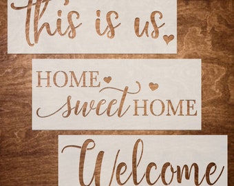 Reusable Stencils, Welcome Stencil, Home Sweet Home Stencil and This Is Us Stencil for Wood Signs. DIY Stencils for Painting, Crafts