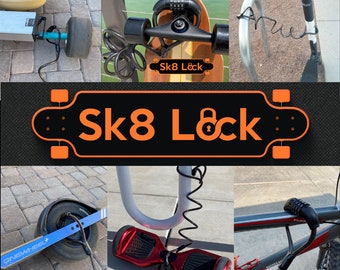 Sk8 Lock skateboard and hoverboard lock.  Also works on bikes, scooters, one wheels, tools, and many other items