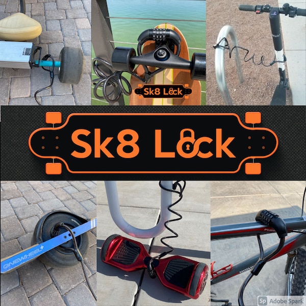 Sk8 Lock skateboard and hoverboard lock.  Also works on bikes, scooters, one wheels, tools, and many other items