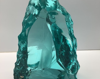 Kosta Boda ice block signed Cronquist - sailing ship