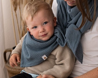 Musselintuch Musselinschal Dreieckstuch Baby Kleinkind Kind Halstuch 100% Baumwolle Mini me Look blau