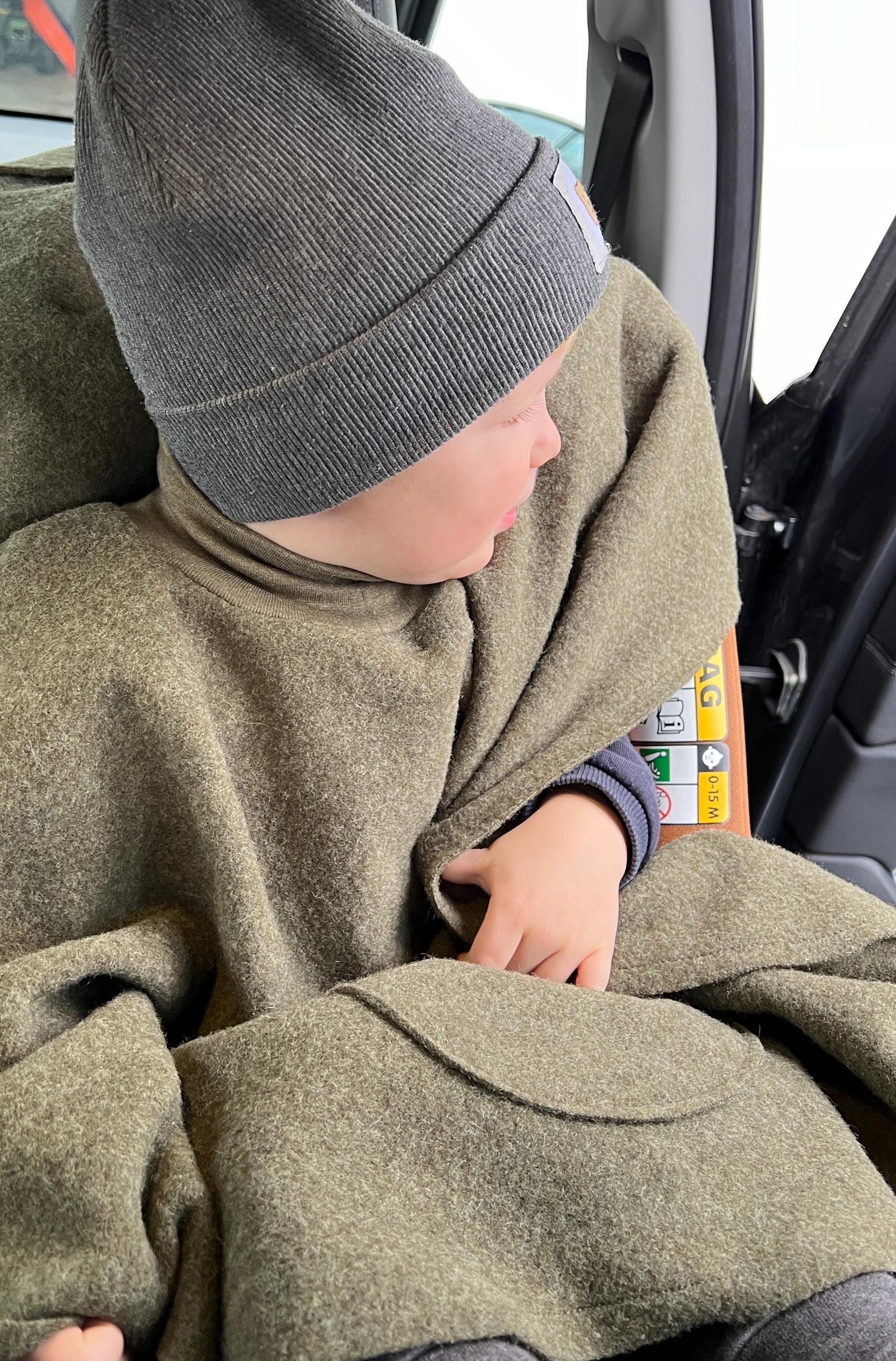 Car seat poncho for toddlers, babies, and children, 100% virgin wool, boiled wool, fleece, car cover, baby poncho, olive