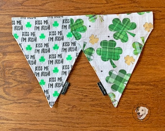 St. Patrick's Day Over the Collar Reversible Dog Bandana - Kiss Me I'm Irish & Gingham Shamrocks