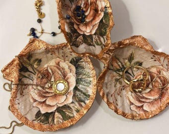 Vintage Floral Decoupage Oyster Shell Trinket Dish