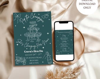 Teal Champagne Hen Do Einladung: Elegante Junggesellinnenparty einladen (Digitaler Download, 13 x 18 cm Canva Vorlage)