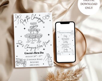 Elegant Champagne Hen Do Invite: Schwarz und weiß, bearbeitbare Canva Vorlage (13 x 18 cm, digitaler Download)