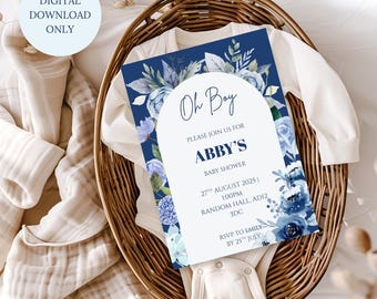 Invitación digital editable para baby shower con flores azules, para imprimir en casa, con diseño floral azul.