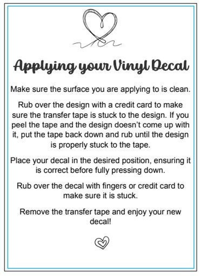 Vinyl Decal Application Instructions Printable Vinyl Decal Care Card