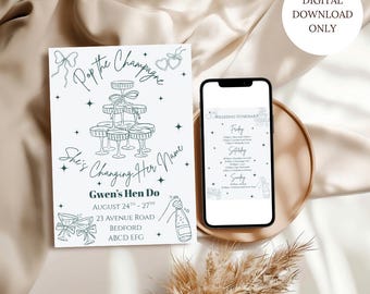 Champagner Hen Do Einladung: Elegantes Design in Weiß und Türkis (Digitaler Download, 13 x 18 cm Canva-Vorlage)