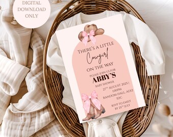 Invitación editable para baby shower de vaquera, vaquera rosa y marrón, invitación digital para baby shower, baby shower, imprimible en casa, invitación digital