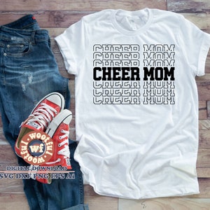 May include: White t-shirt with black text that reads "Cheer Mom" repeated five times. The text is in a bold, blocky font.