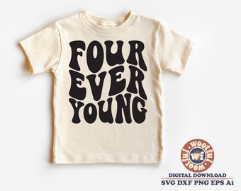 May include: A beige t-shirt with a black graphic that says "Four Ever Young" in a retro font.