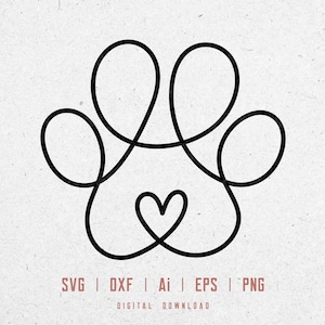 Doodle empreinte de patte avec coeur svg, svg patte d'animal, patte de chat svg, svg patte de chien, patte d'animal de compagnie svg, Silhouette de patte, Svg Dxf Eps Ai Png Silhouette Cricut