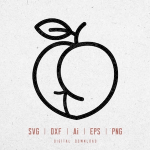 May include: A black line drawing of a peach with a leaf and stem. The image includes the text "SVG | DXF | Ai | EPS | PNG DIGITAL DOWNLOAD". The peach is a simple, minimalist design.